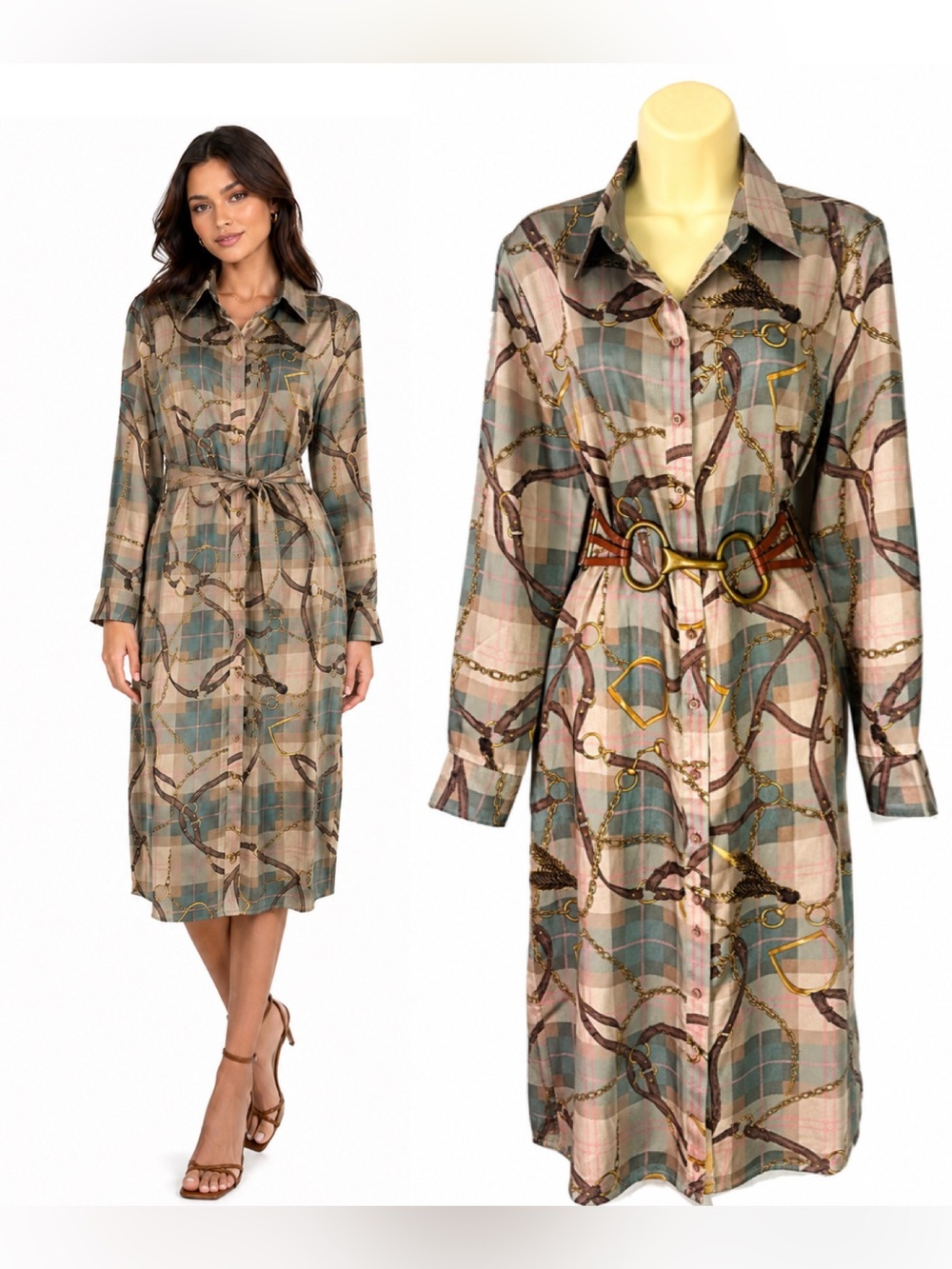 *No belt! Lauren Ralph Lauren Equestrian Horsebit Plaid Shirt Dress Pockets Sz 8